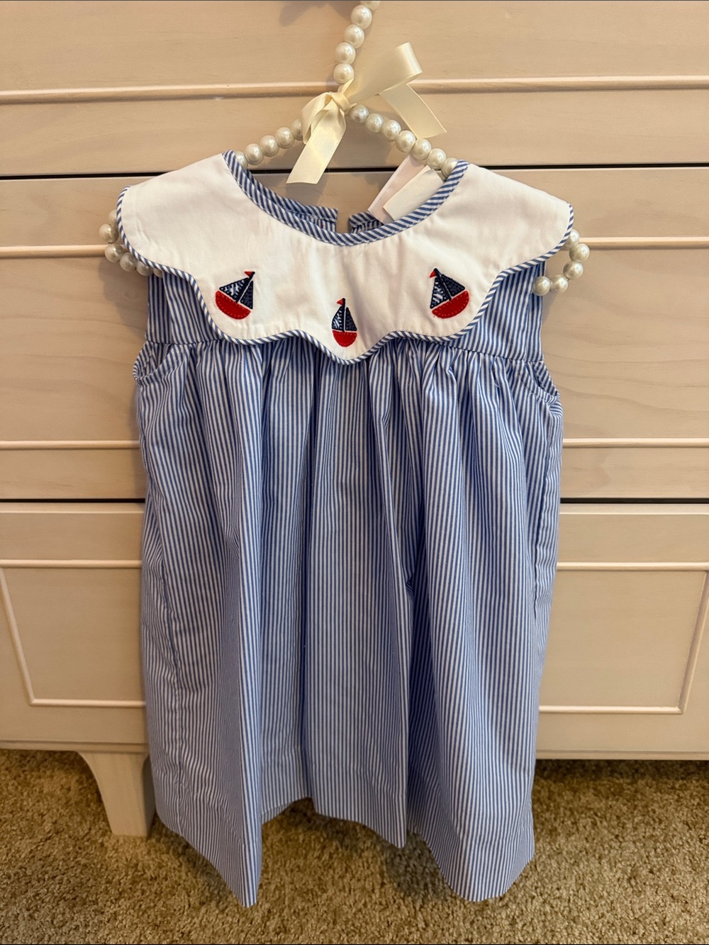 Nautical Blue Stripe Girls Sailboat Dress with Embroidered Collar